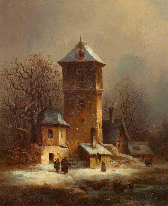 Snow Scene with Buildings and a Tower